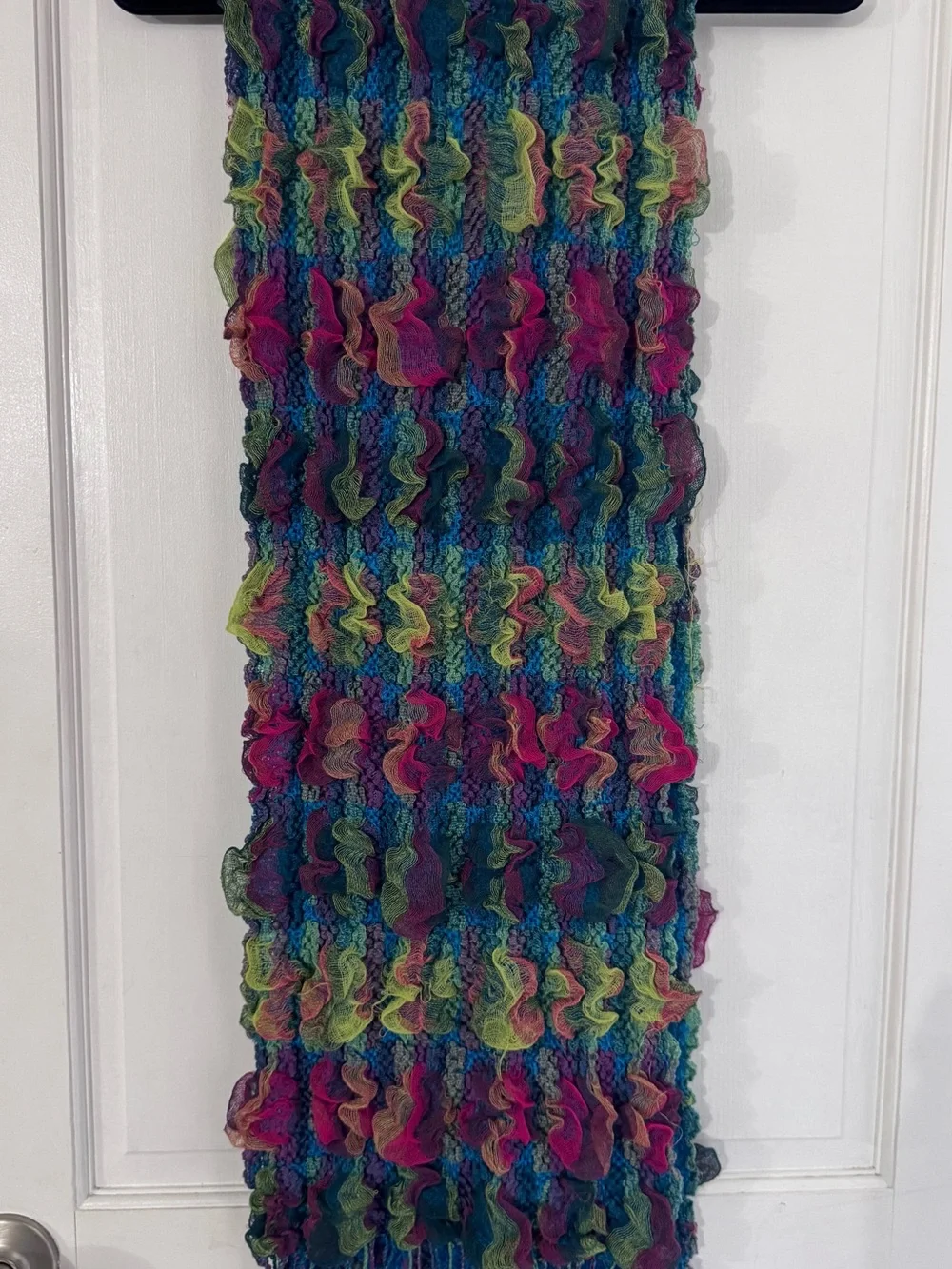 Blue Plaid Knit Multicolor Woman's Scarf with Fringe